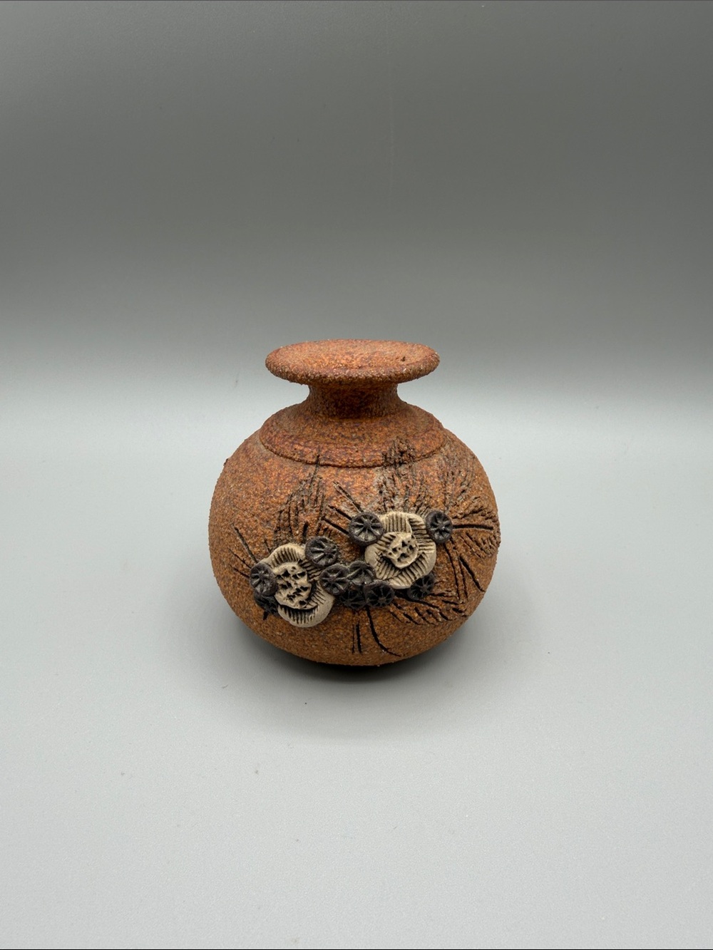Vintage Carma Arizona Artist Small Bud Sand Pottery Vase Embossed Floral Designs